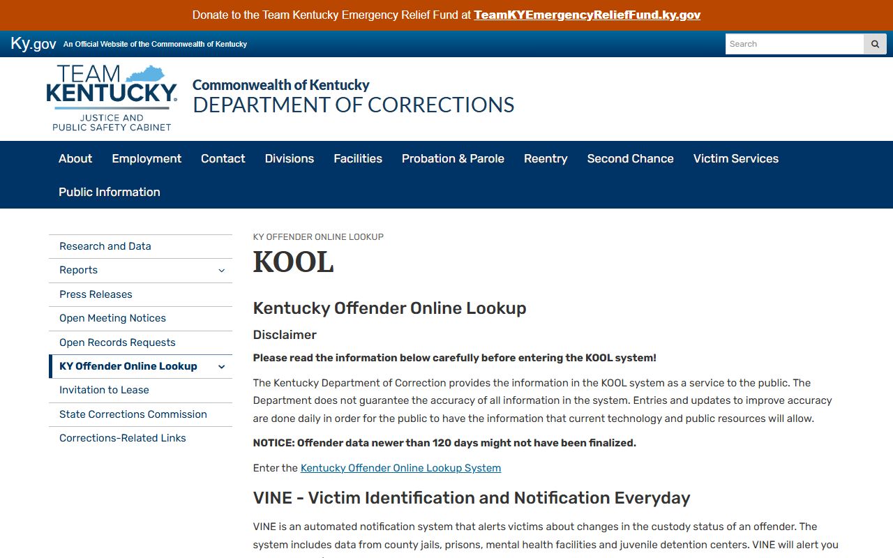 Kentucky KOOL and VINE page for Letcher County inmate population lookup