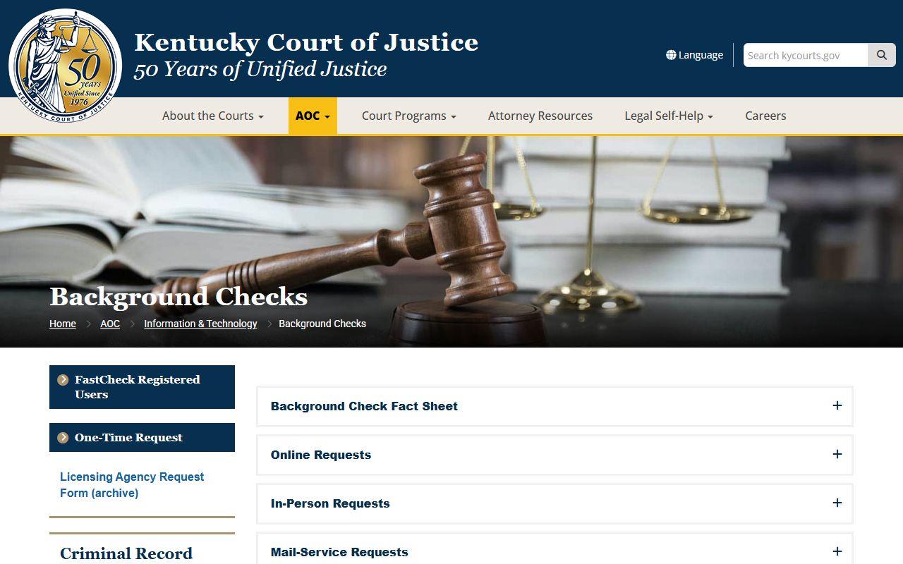 Kentucky AOC FastCheck criminal record report information page