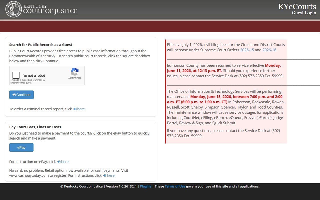 KYeCourts guest login page for Kentucky court case searching