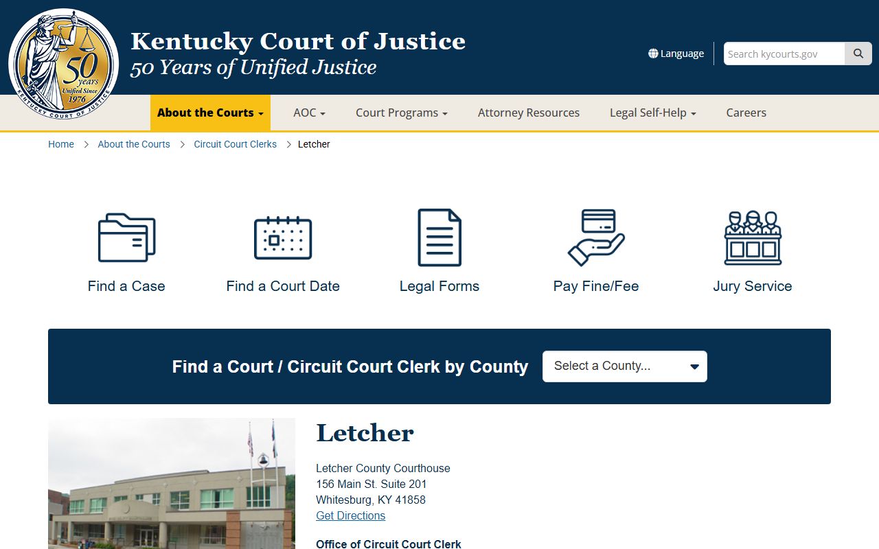 Kentucky Court of Justice page for Letcher County courthouse and clerk information