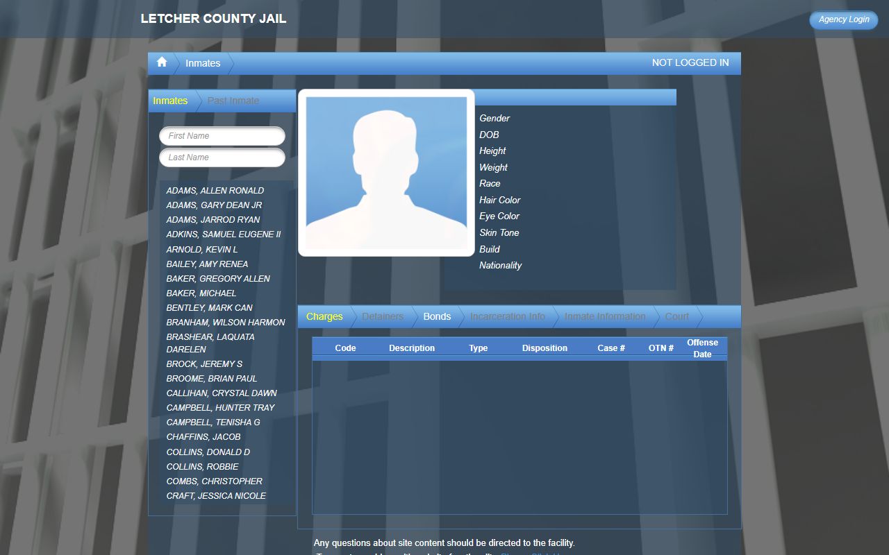 Letcher County inmate records Bluehorse jail roster search interface