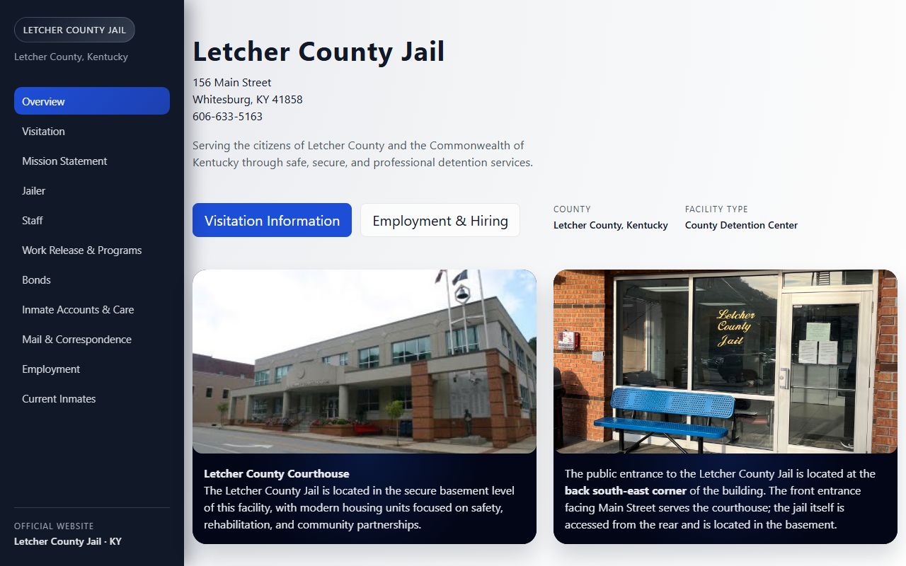 Letcher County Jail home page for inmate population and roster search